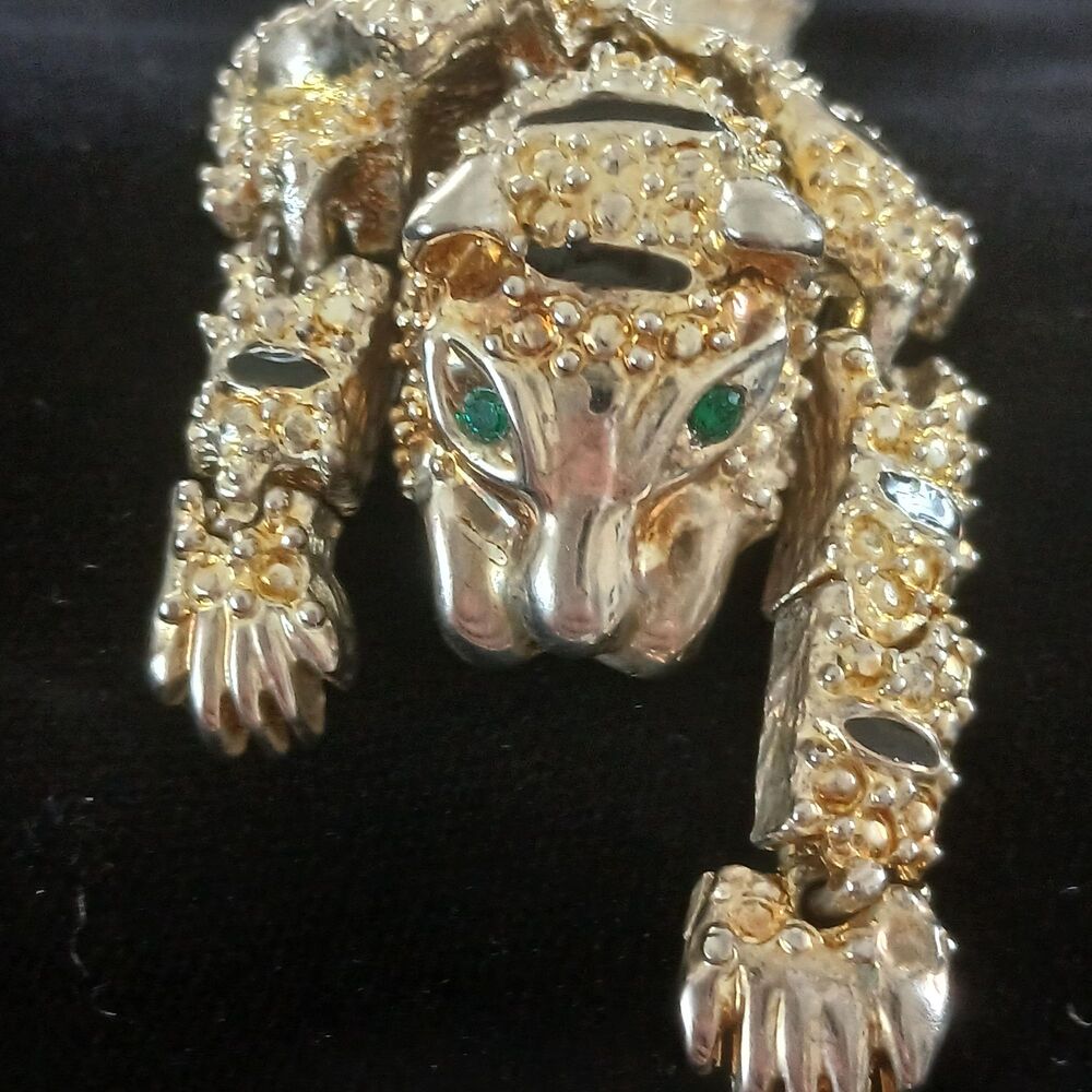 Vintage 1980s Articulated Leopard Brooch Rhinestone Panther Shoulder Pin Green